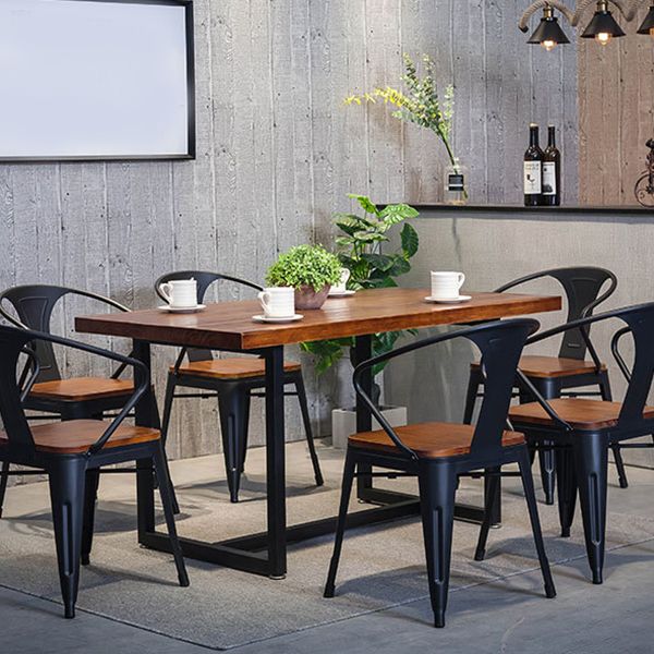 Indoor Rectangle Table with Metal Base Industrial Brown Wood Top Dining Table