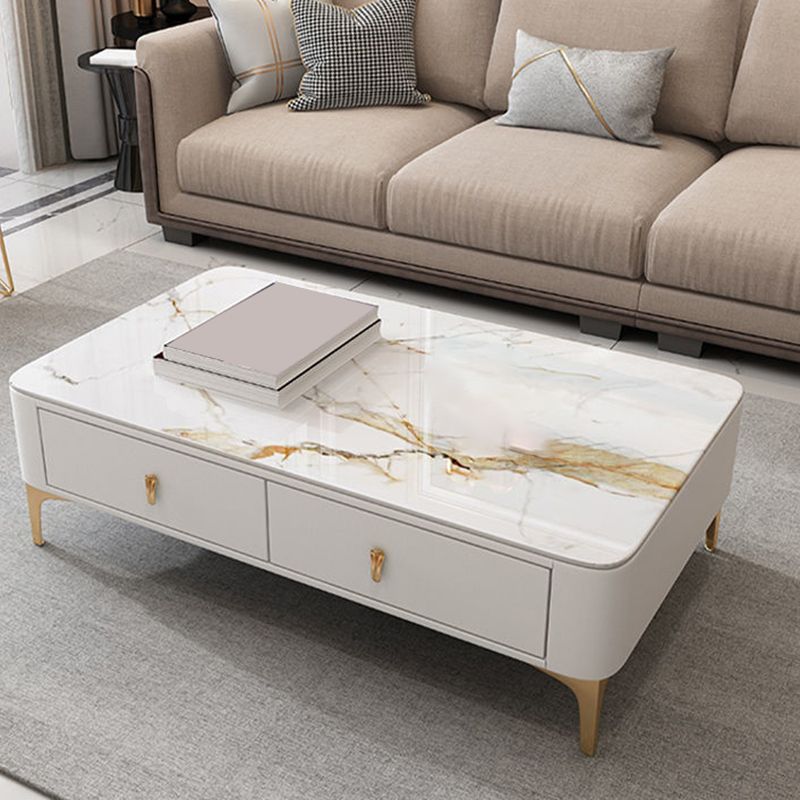 Glam Rectangle Stone Coffee Table Single 4 Legs Coffee Table with Storage Drawers