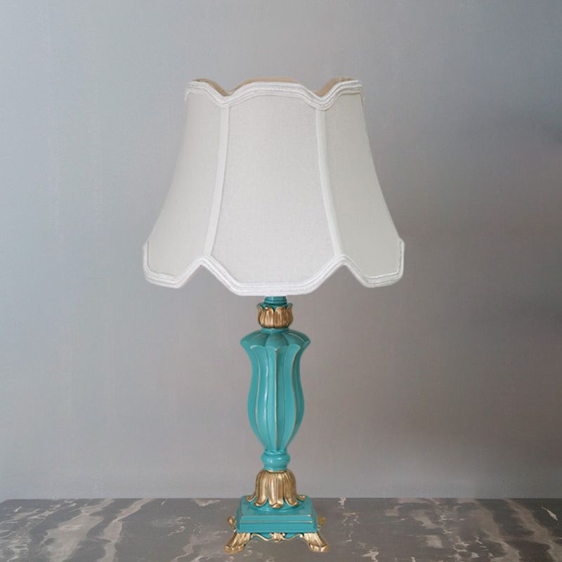White/Blue Flared Shade Night Table Lamp Traditional Style Fabric 1-Head Bedroom Desk Light