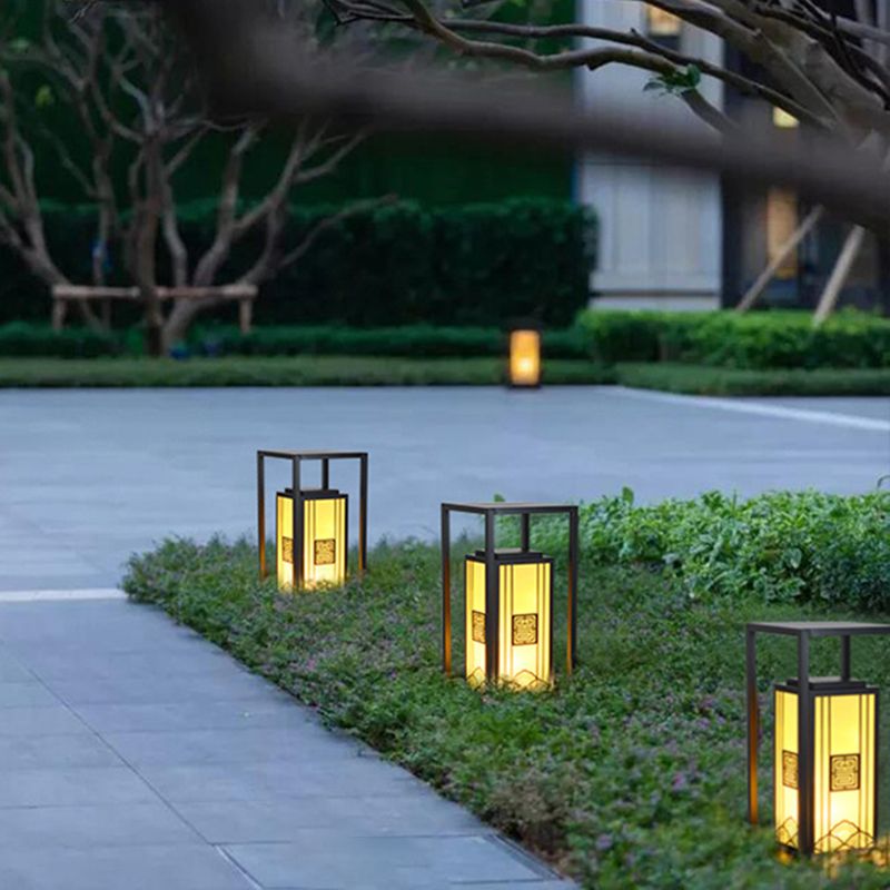 Contemporary Metal Pillar Lamp Rectangle Shape Outdoor Waterproof Light with Stone Shade