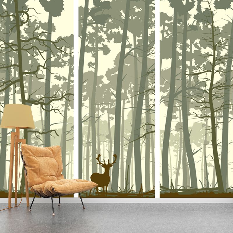 Contemporary Dusk Forest Deer Mural for Living Room Personalized Wall Art in Beige