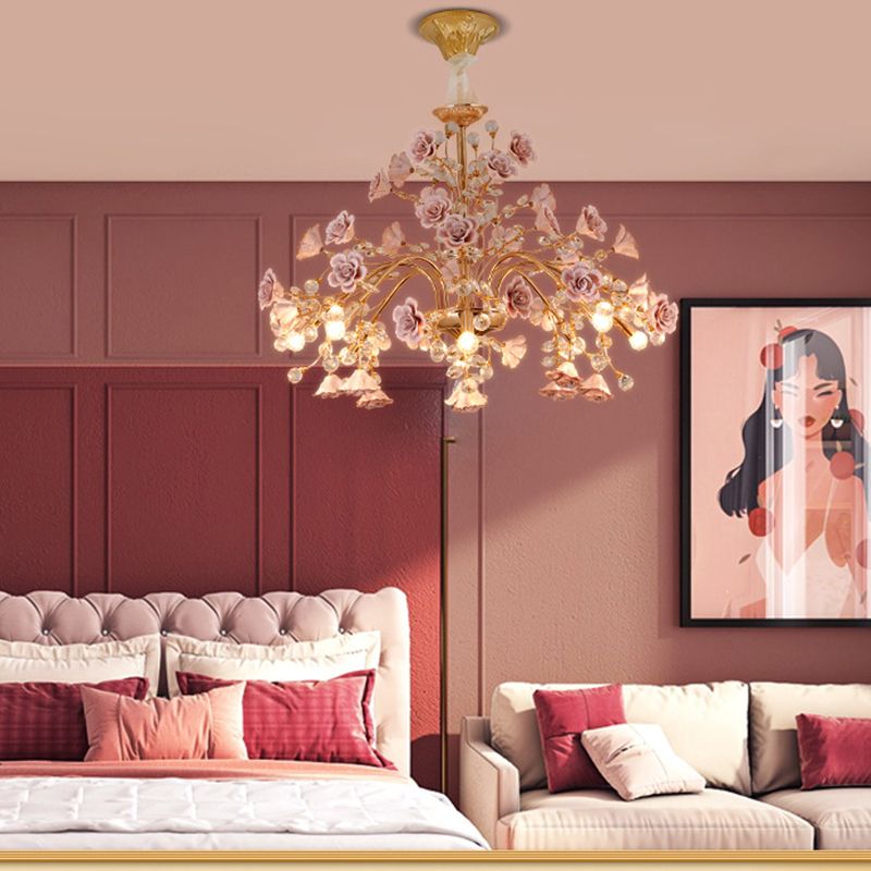 Luxury Crystal Chandelier Rural Ceramic Flower Living Room Hanging Light in Pink