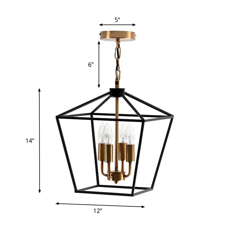 4-Light Indoor Hanging Chandelier Lamp Industrial Style Black Pendant Light with Wire Cage Metal Shade