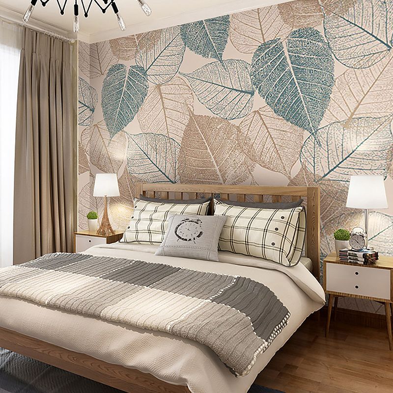 American Blue and Brown Mural with Autumn Leaf Design for Living Room and Gallery, Non-Woven Material