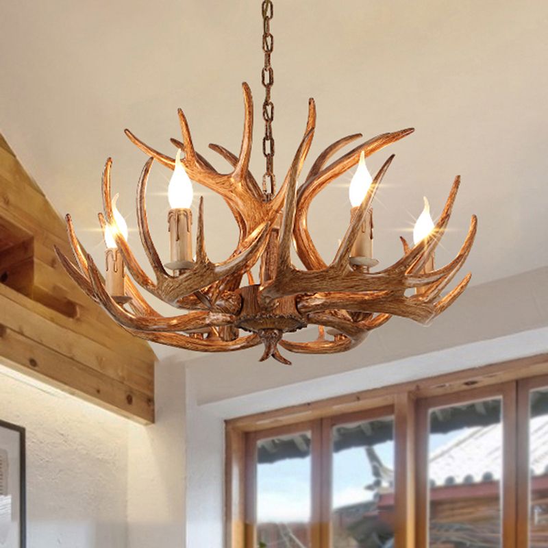 Antler Shape Resin Chandelier Light Rustic Restaurant Pendant Light Fixture in Brown