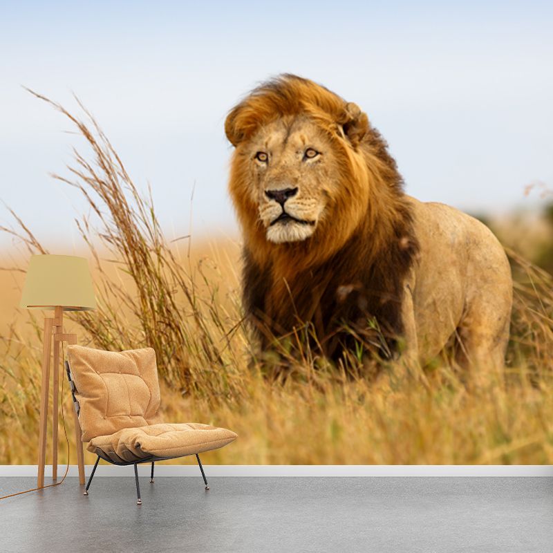 Brown King of Savannas Mural Lion Modern Style Moisture Resistant Wall Decor for Home