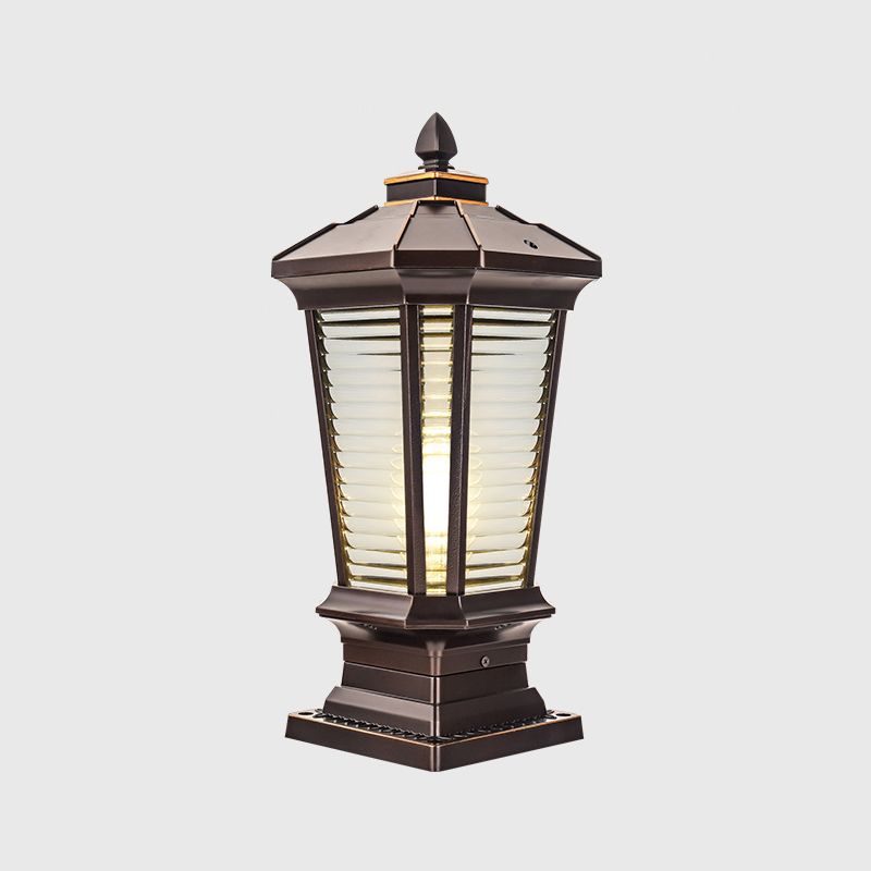 Metal Contemporary Pillar Lamp Pavilion Shape Outdoor Waterproof Light with Glass Shade