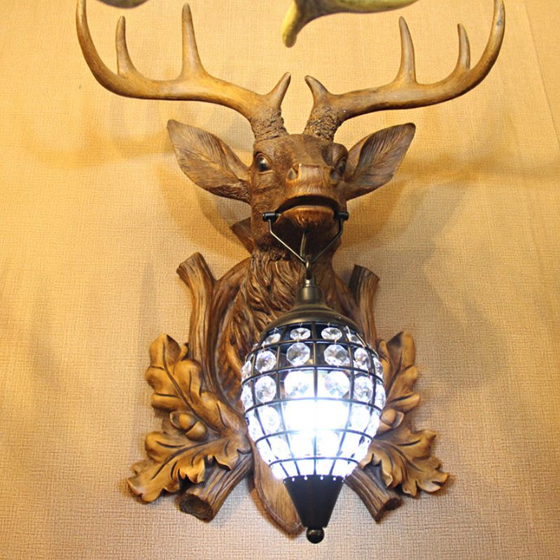 Brown Single Light Wall Sconce Classic Resin Deer Head Wall Lighting Fixture with Teardrop Clear Faceted Crystal Shade