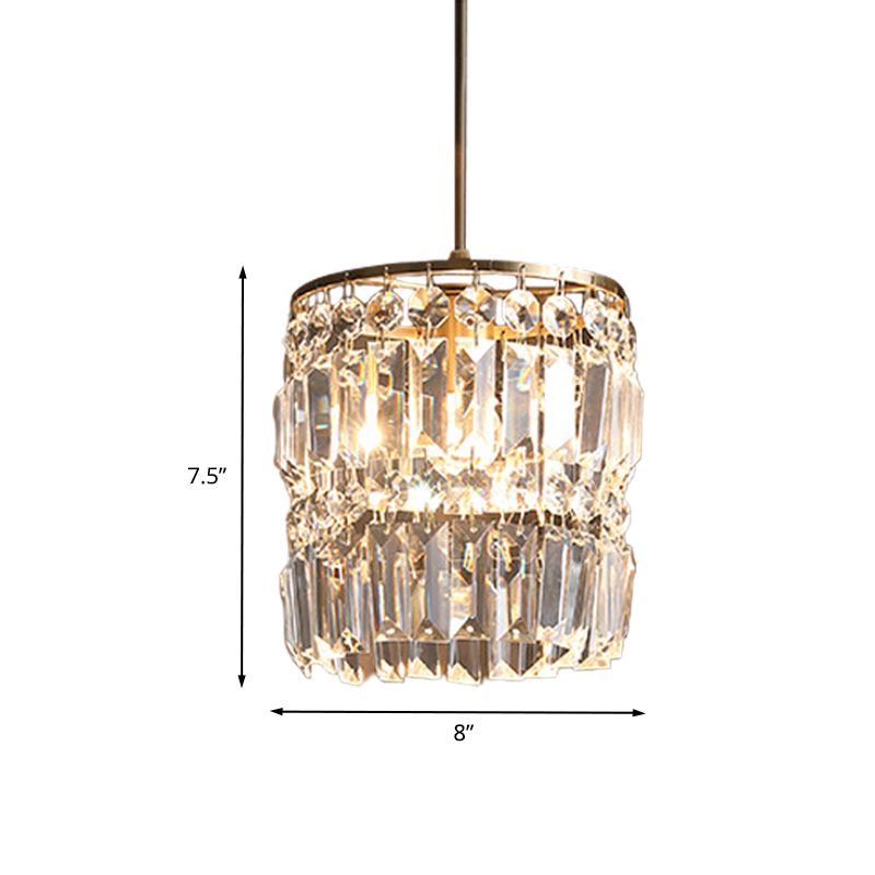 Crystal Cylindrical Pendant Light Fixture Modernist 1-Head Ceiling Suspension Lamp in Brass