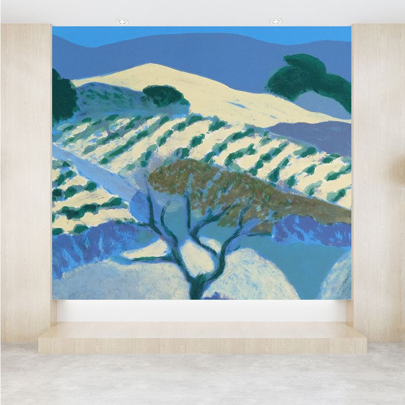 Contemporary Art Hills Landscape Wall Mural Blue Stain-Proof Wall Covering for Kitchen