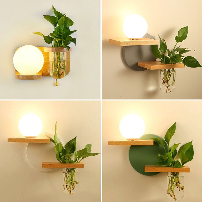 Round Shade Wall Lighting Modern Simple Wood Style Wall Light in Brown and White