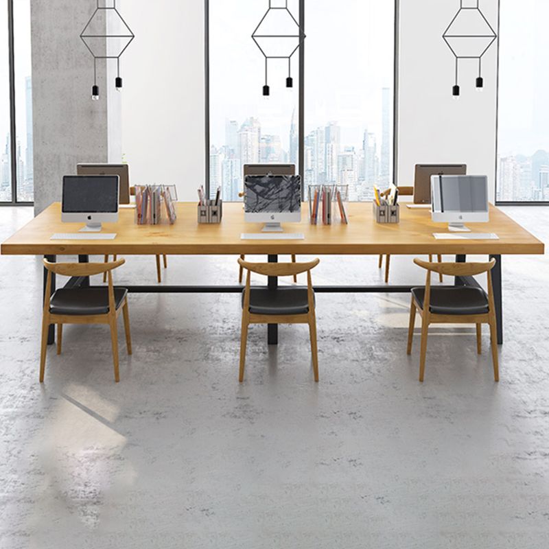 Rectangle Wood Color Dining Table Solid Wood Table Industrial with Trestle Base