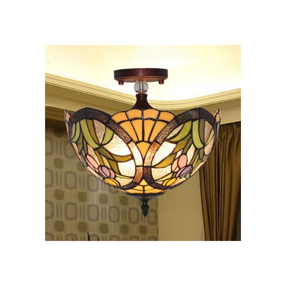 12 "/ 16" W bol semi-encastré victorien Tiffany vitrail semi-encastré en bleu/bleu-blanc/vert-jaune pour le salon