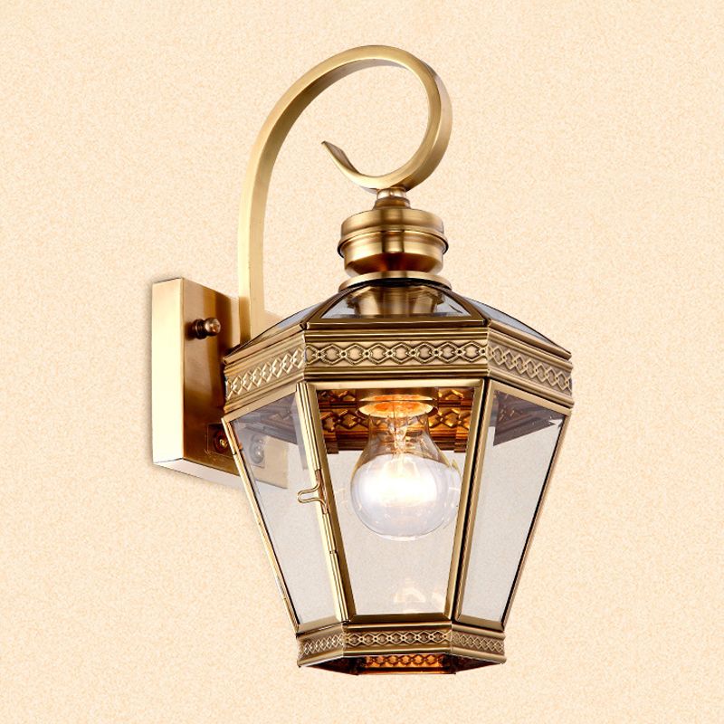 1-Light Wall Lighting Minimalist Outdoor Wall Light Sconce with Lantern Clear Glass Shade in Brass