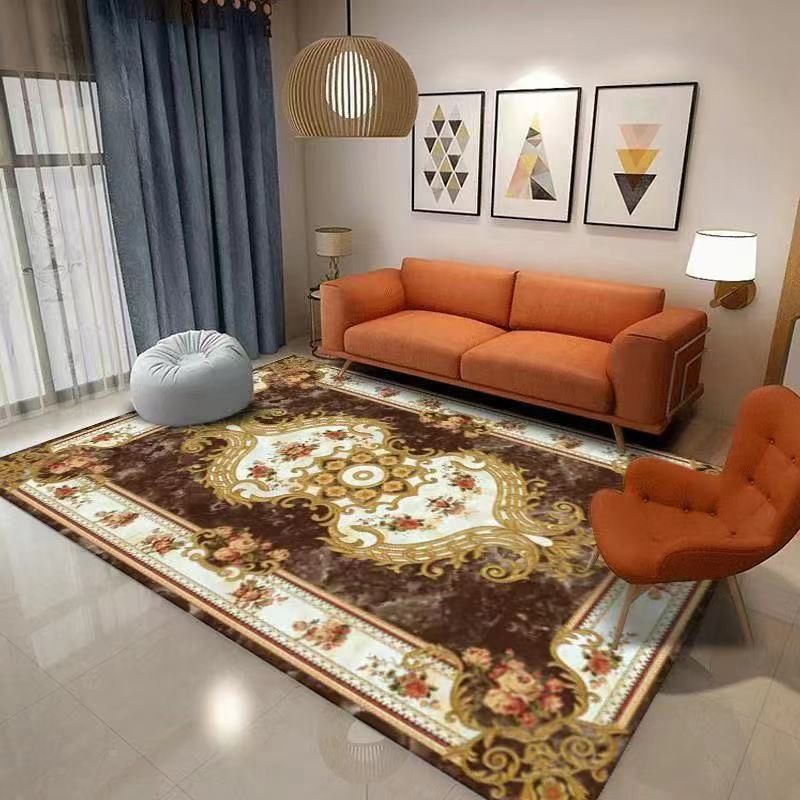 Traditional Flower Pattern Carpet Polyester Indoor Carpet Stain Resistant Area Rug for Living Room