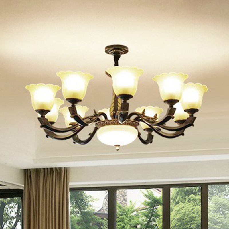 Frostglas goldschwarzer Kronleuchter hell Blumenretro-Anhängerleuchte für Esszimmer