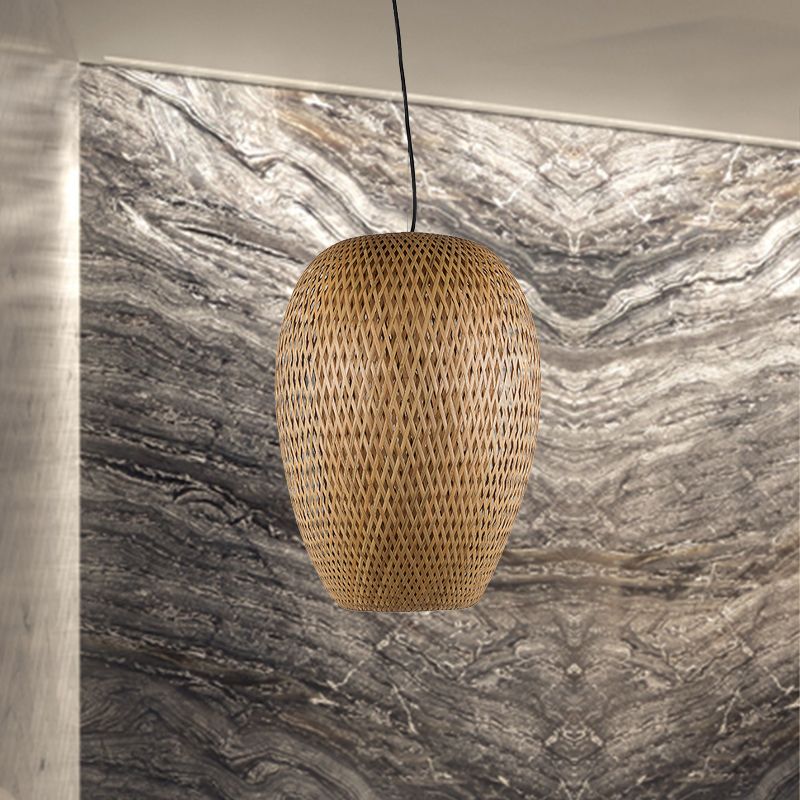 Japanese Hand Twisted Hanging Light Bamboo 1 Head Suspended Lighting Fixture in Brown