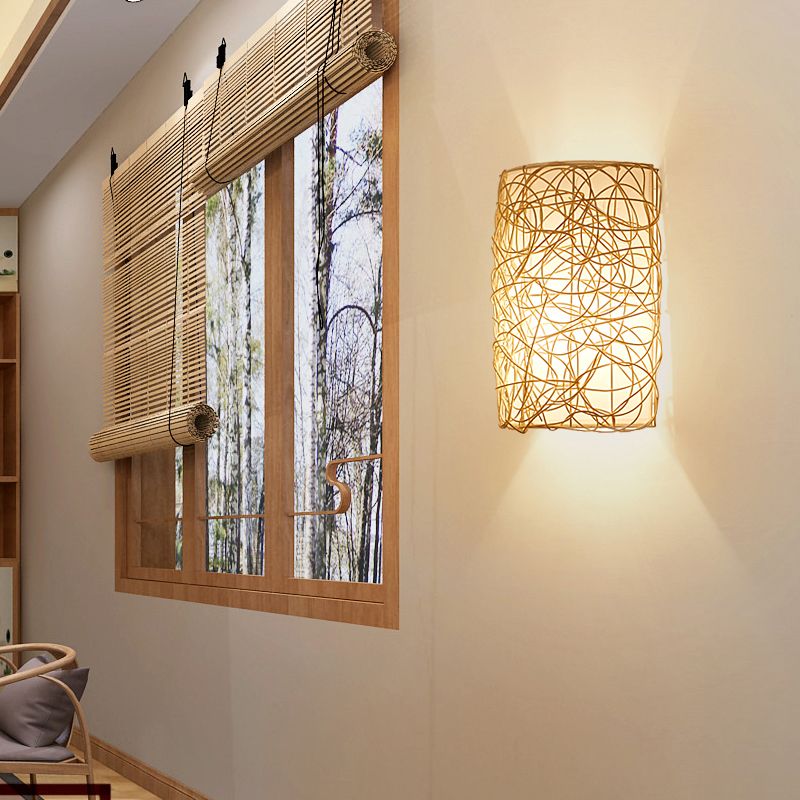 Rattan Half Cylinder Wall Lamp Nordic Style Single Wall Light Fixture for Corridor