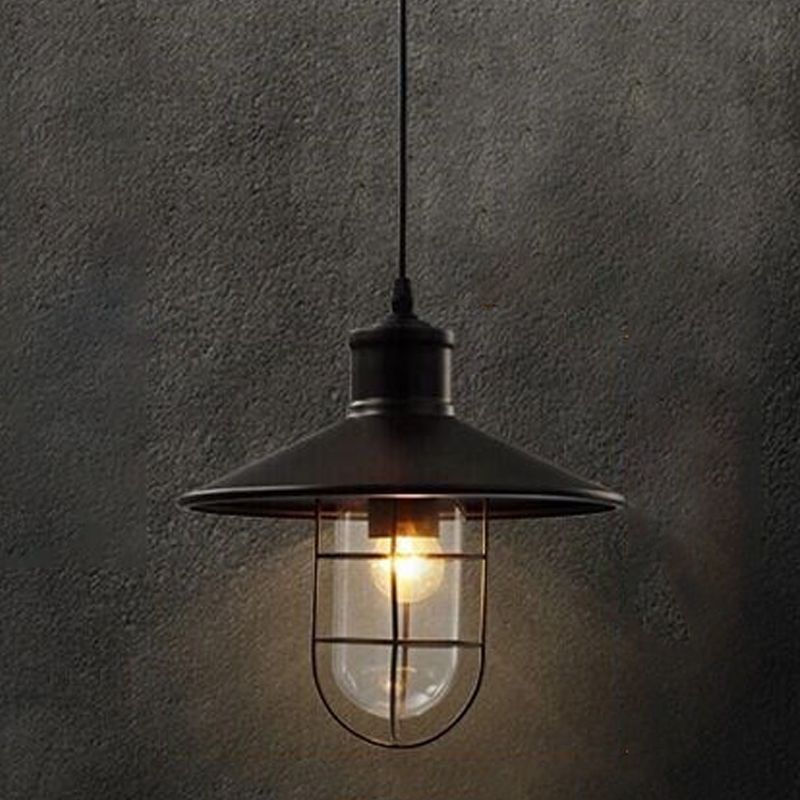 Iron Frame Single Pendant Light in Industrial Retro Style Glass Cone Hanging Lamp in Black