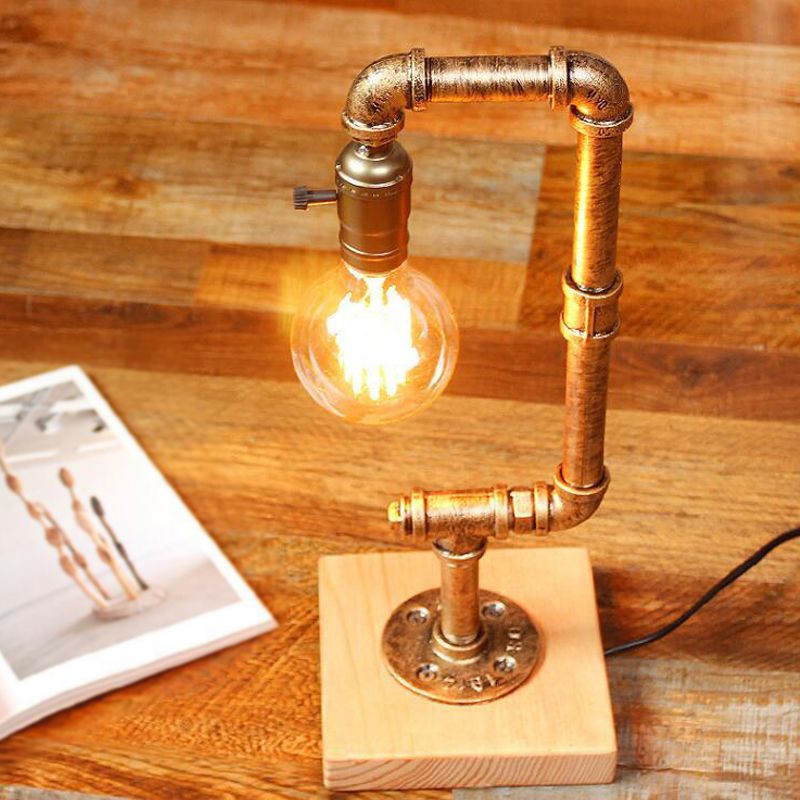 Lampe à table à tuyaux en fer forgé rustique élégant 1 Éclairage de table à chambre claire légère avec ampoule ouverte en bronze