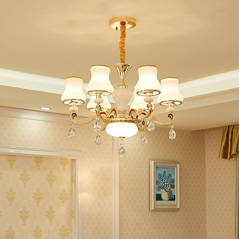 White Glass Bud Ceiling Lighting Traditional Living Room Chandelier Light Fixture with Crystal Draping