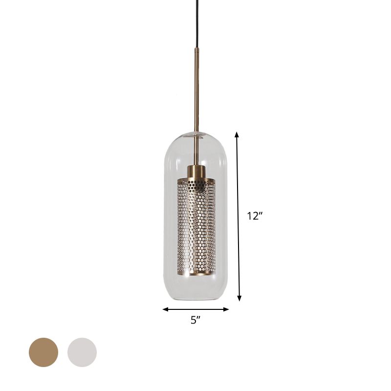 Capsule Shape Hanging Light 1 Light Modern Clear Glass Ceiling Lamp with Mesh Screen for Balcony