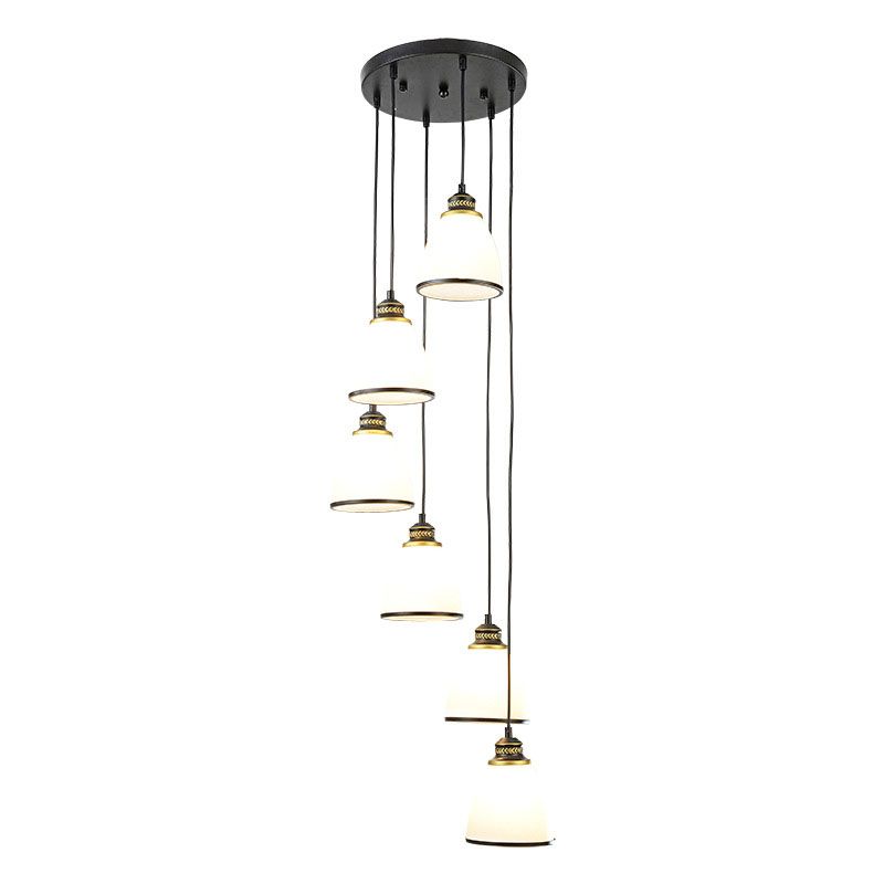 Spiral Bell Shade Staircase Hanging Light Cream Glass Simplicity Multi Light Pendant
