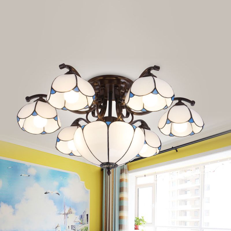 9 hoofden geschulpte plafondverlichting Tiffany grijs/wit/blauw handgemaakt kunstglas semi -flush light armatuur