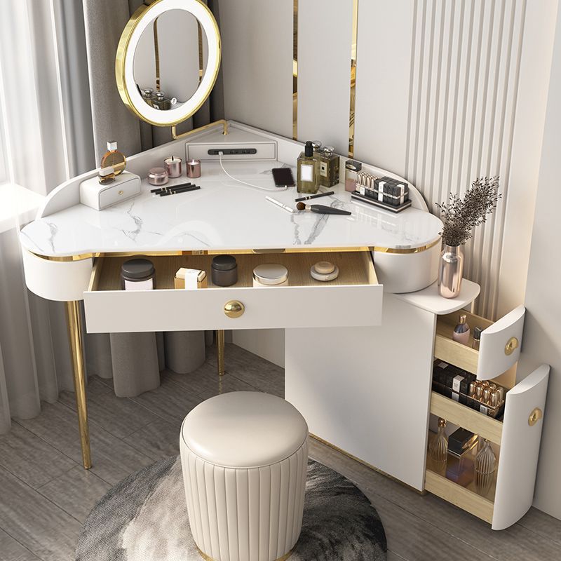 Glam Style Rock Slab Vanity with 3 Drawers White/pink Metal Base