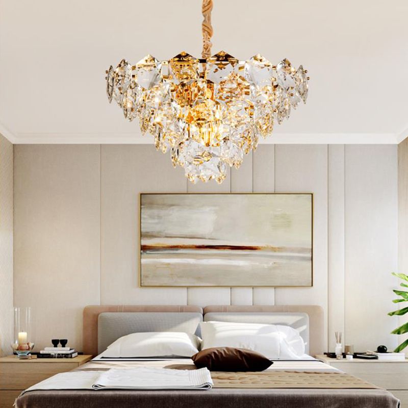 Simple Tapered Hexagon Crystal Hanging Lamp 8 Lights Chandelier Light Fixture in Gold