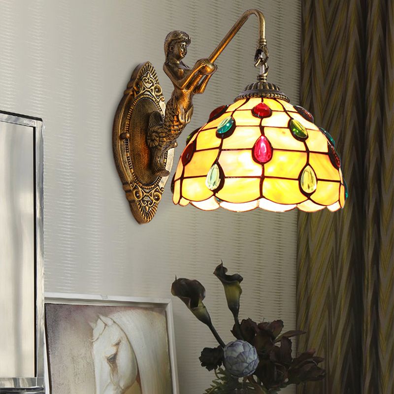 Beaded Sconce Light Fixture Tiffany Beige Glass 1 Head Brass Wall Mount Light with Mermaid Backplate
