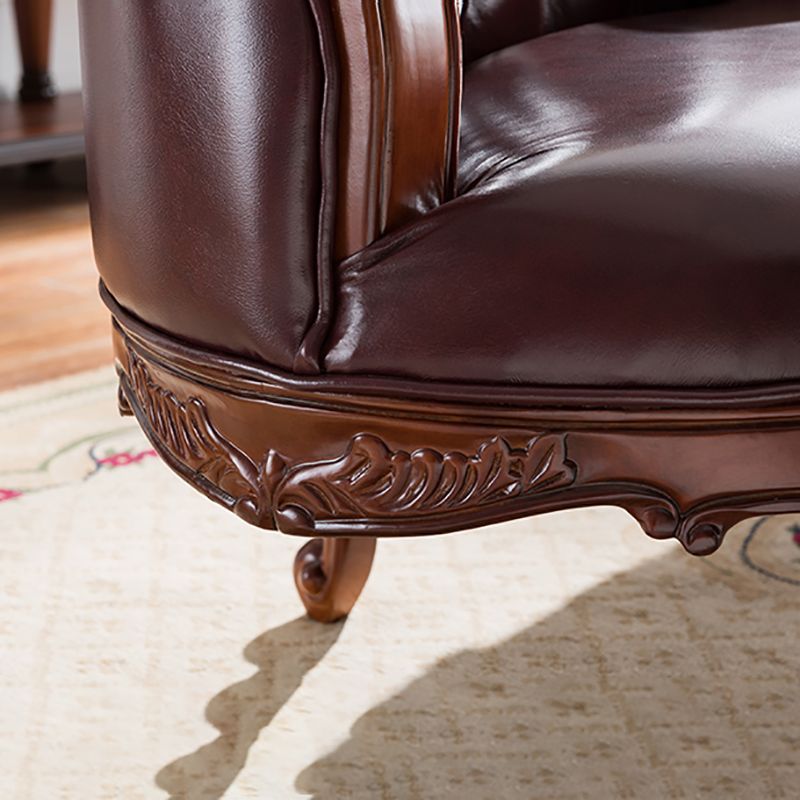 Traditional Dark Brown Genuine Leather Chaise Rolled Arms Tufted Accent Chair