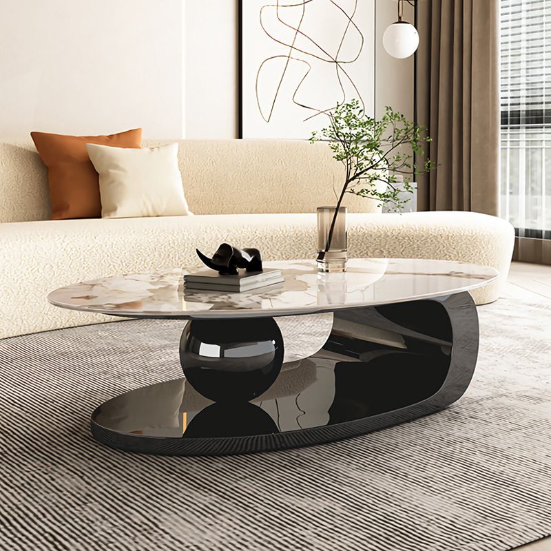 Oval Coffee Table with Stainless Steel Base Made of Rock Sheet