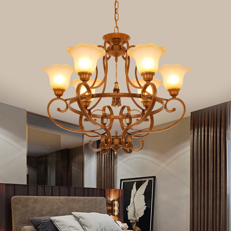 Brown 6 Lights Hanging Chandelier Traditional Frosted Glass Flared Pendant Lighting Fixture with Curvy Arm