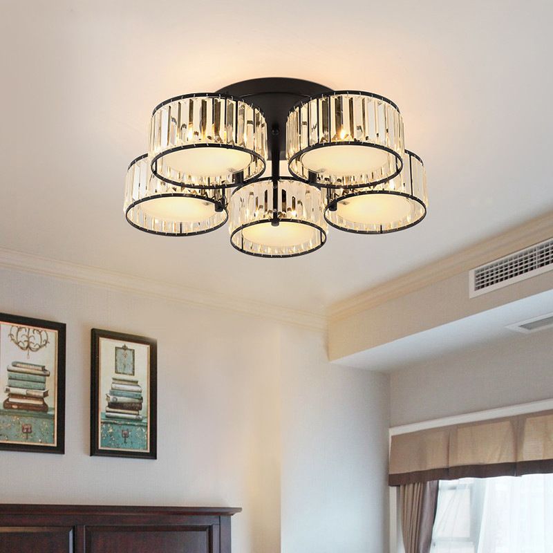 3/5/6 Lights Living Room Ceiling Light Fixture Modern Black Flush Mount with Drum Crystal Shade
