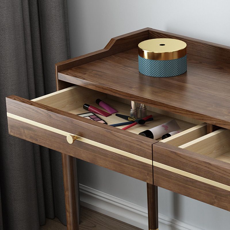 Mirror & 2 Drawers Makeup Vanity Traditional Brown Dressing Table Stool Set