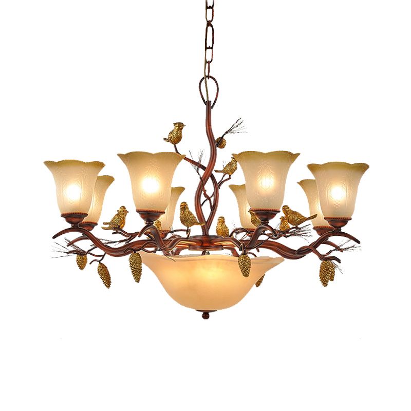 Bell Living Room Chandelier Light Lodge Milky Glass 11 Lights Brown Pendant Lamp