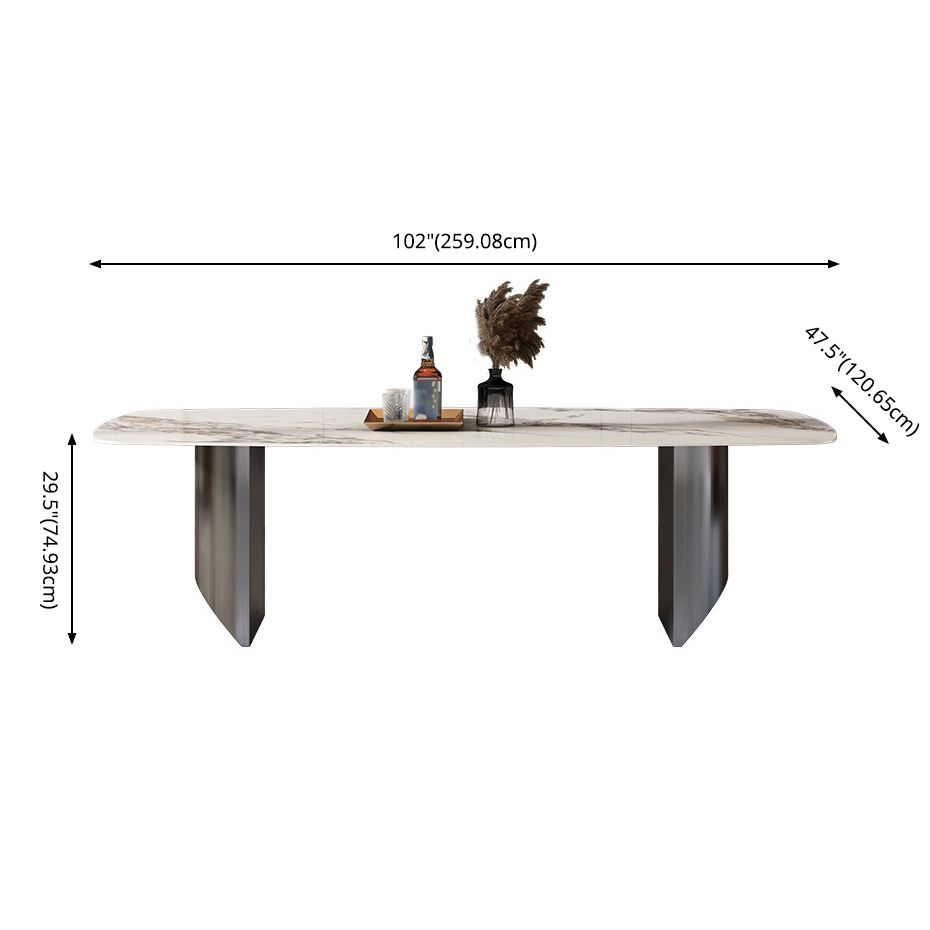 Minimalist Style Sintered Stone Dining Set with White Fixed Table and Black Double Pedestal Base