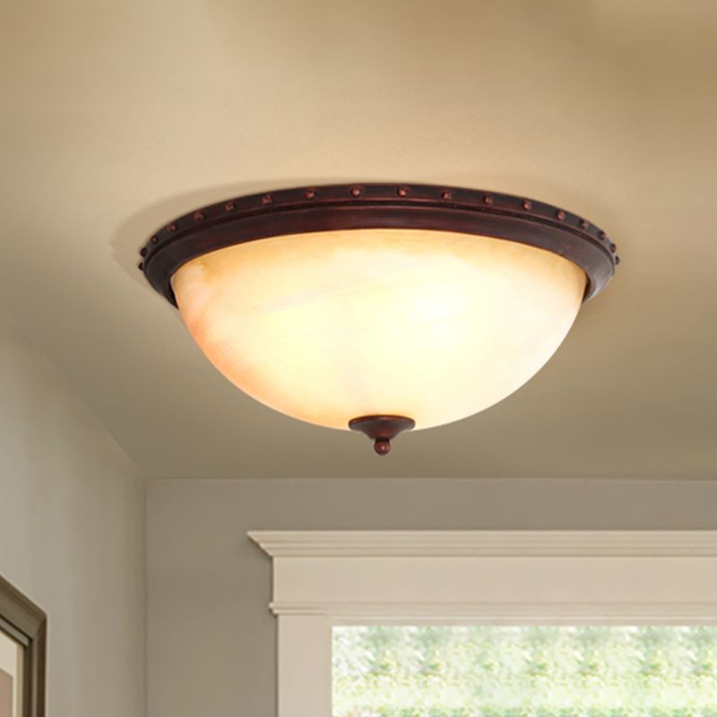 Opal Glass Bowl Flush Light Fixture Traditional 2 Heads Foyer Ceiling Flush Mount in Brown