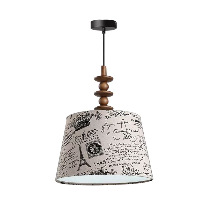 1 Bulb Fabric Suspension Light Countryside Fabric White Conical Script Printing Dining Room Drop Pendant
