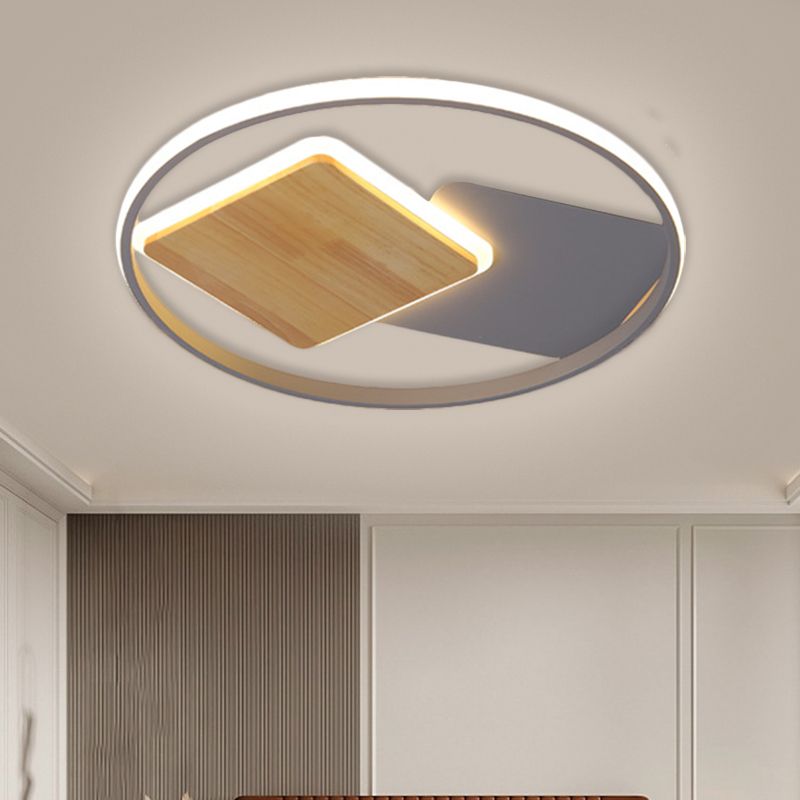 Modern LED Close to Ceiling Lamp Grey Ring and Square Flush Mount Light with Metallic Shade, 16"/19.5" Width