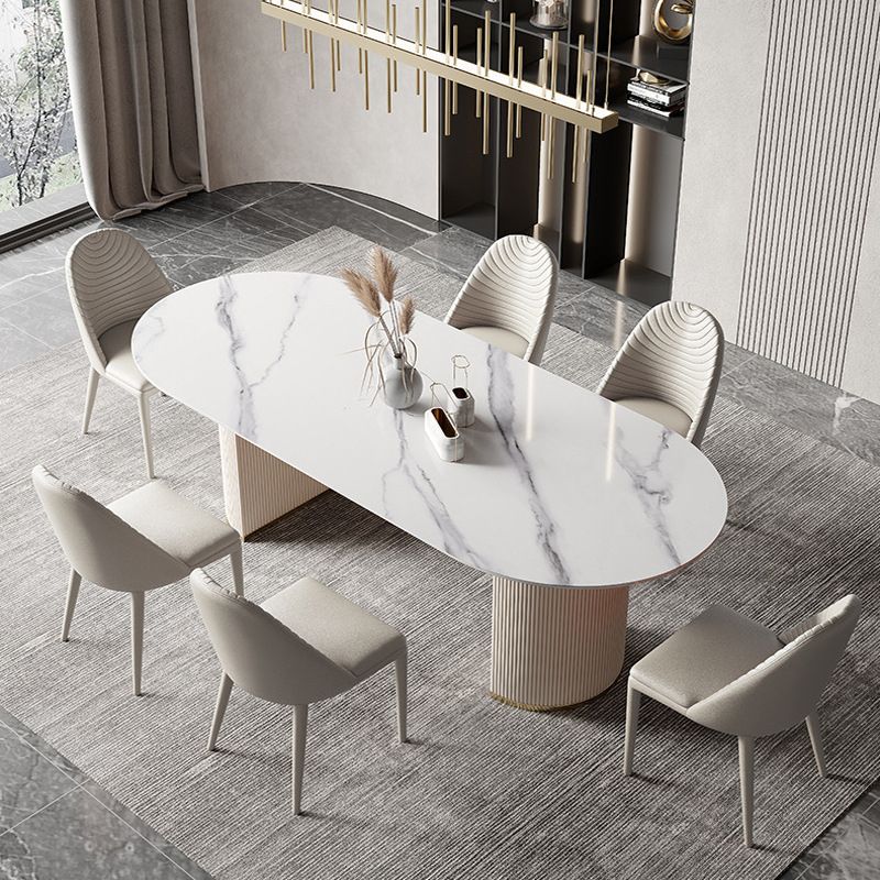 Modern Double Pedestal Table Oval Dining Table with Steel Base
