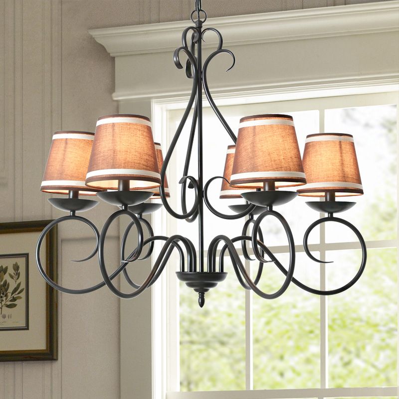 6 Lights Fabric Chandelier Light Traditional Coffee/Flaxen/White Conical Dining Room Hanging Light Fixture