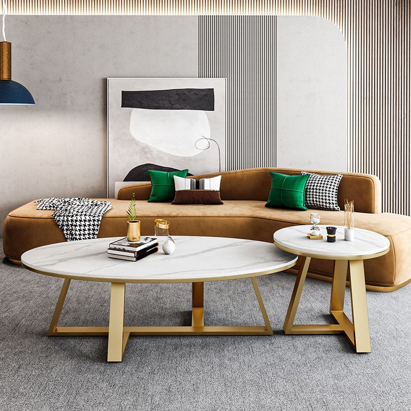 Oval Stone Top Coffee Table with Iron Cross Base Cocktail Table in White