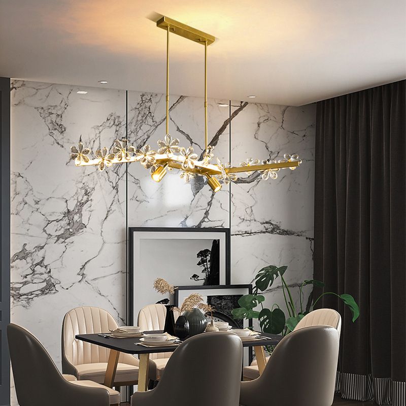 Floral Crystal Linear Island Light Postmodern Gold LED Pendant Light for Dining Room