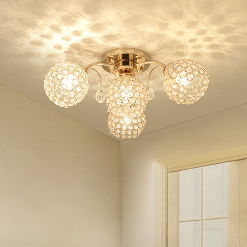 6/9 Heads Semi-Flush Mount Light Minimalist Ceiling Mounted Fixture with Sphere Crystal Embedded Shade in Gold