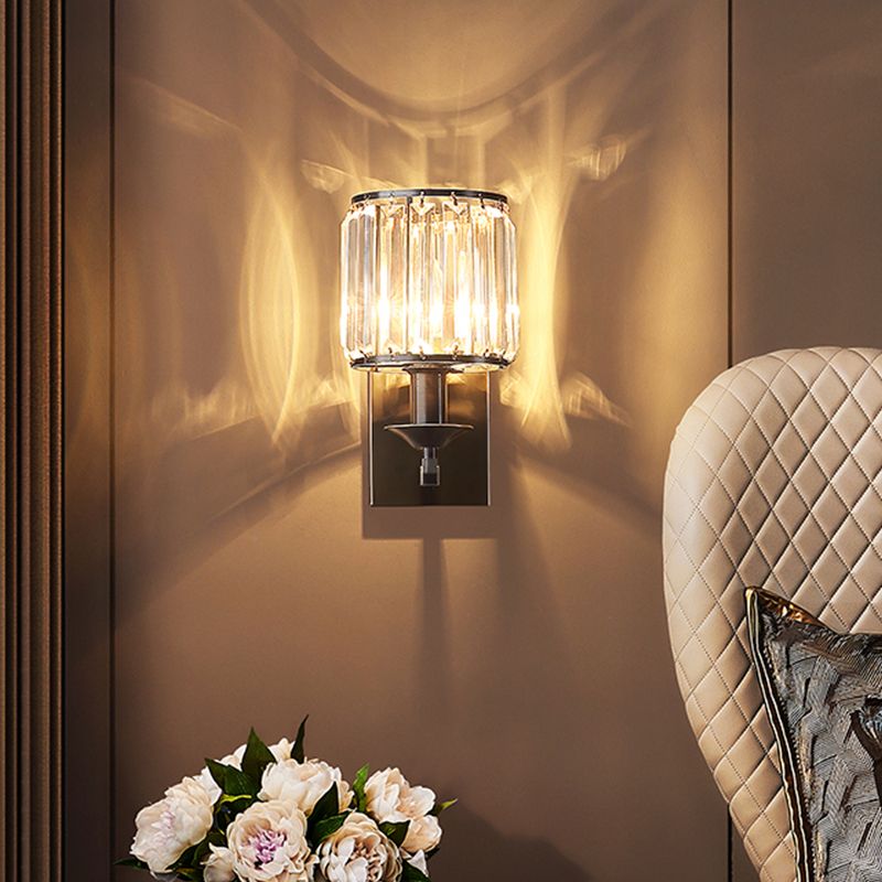 Simplicity Cylinder Wall Lamp Fixture 1-Bulb Prismatic Crystal Sconce Lighting in Black