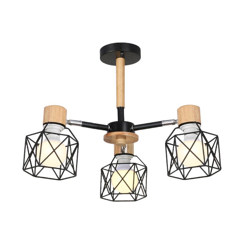 Cage Semi Flush Lamp Nordic Iron 3/6/8-Head Black/Green/Gold Ceiling Drop Pendant Lighting