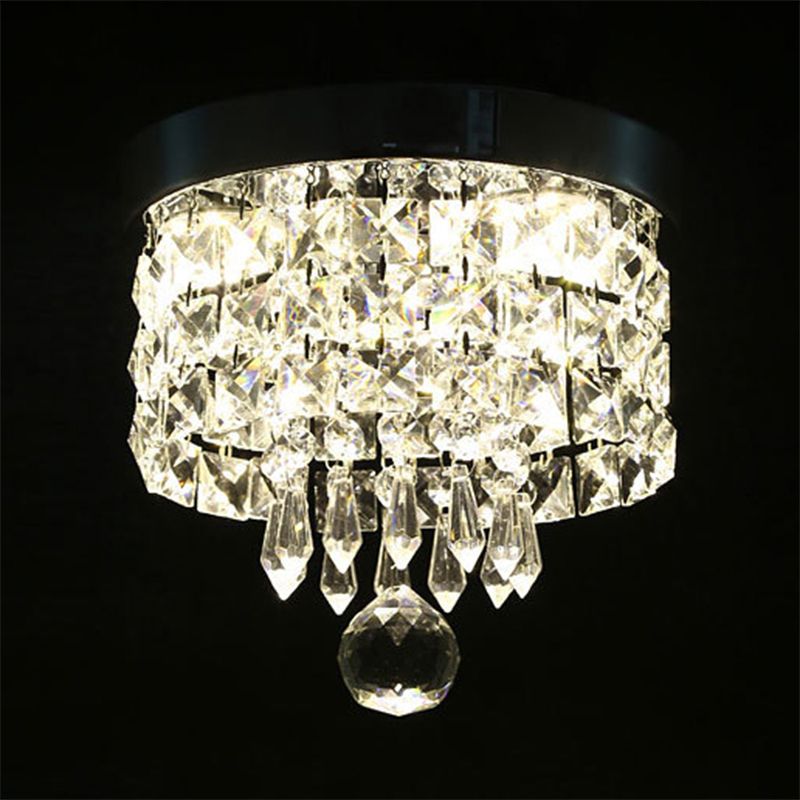 Drum Layered Flush Mount Light Crystal Glam Ceiling Light Fixture in Chrome