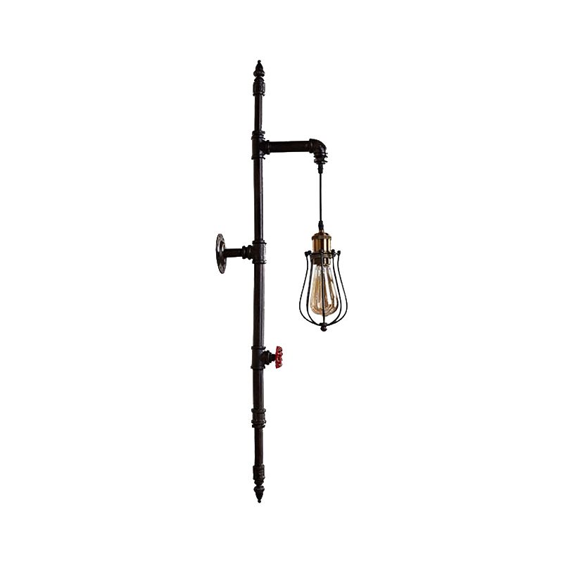 Rustic Stylish Wire Guard Wall Hanging Light with Water Pipe 1 Light Iron Wall Sconce in Black for Living Room